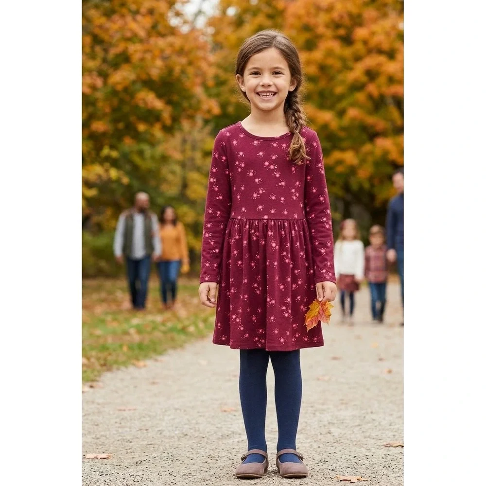 Cat & Jack Girls Burgundy Floral Long Sleeve Jersey Dress Maroon Size S 6/6X
